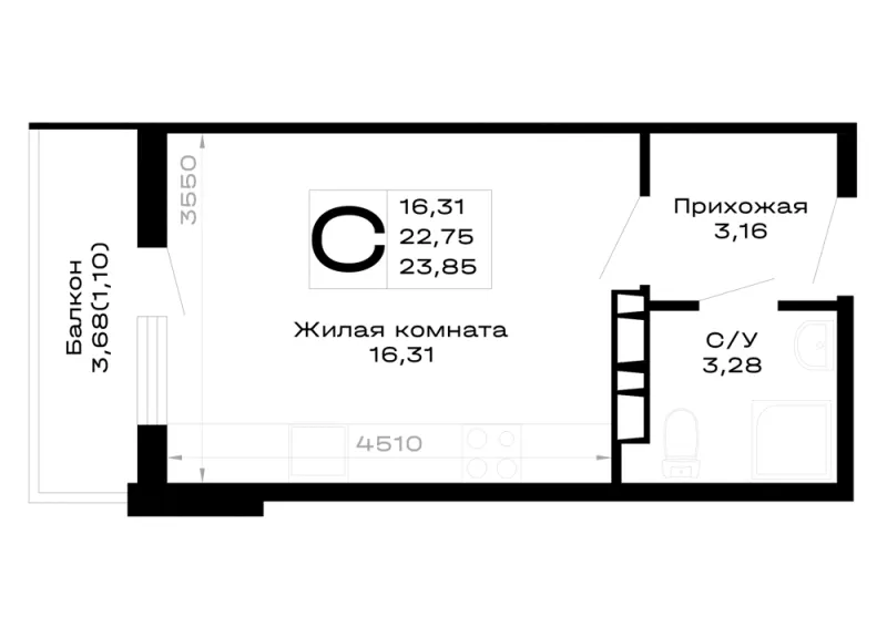 Студия 23.9 м²