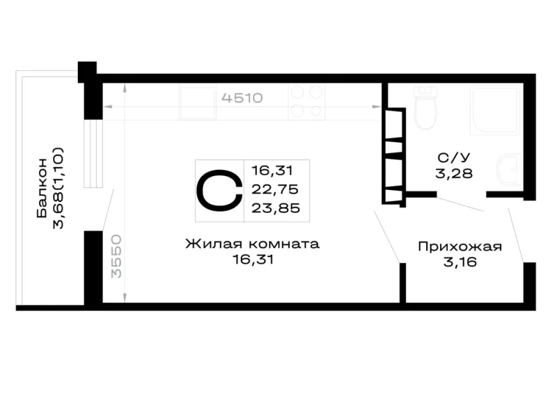Студия 23.9 м²