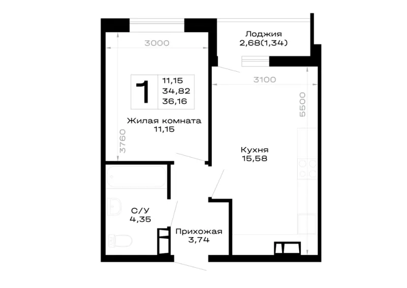 1-комн. 36.2 м²
