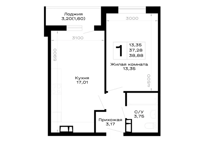 1-комн. 38.9 м²