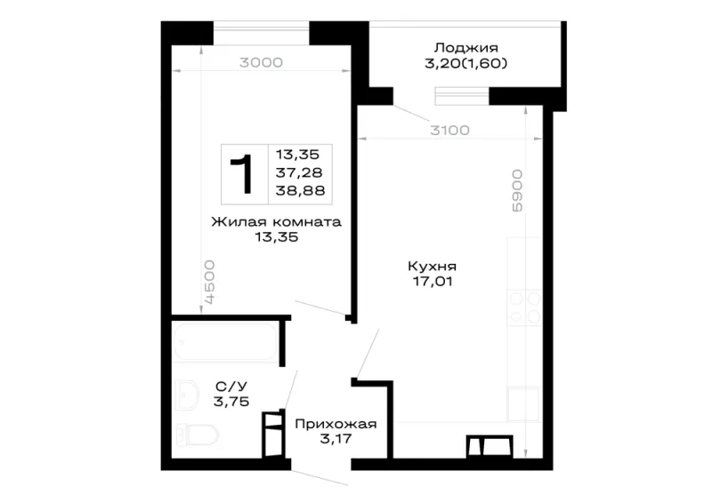 1-комн. 38.9 м²