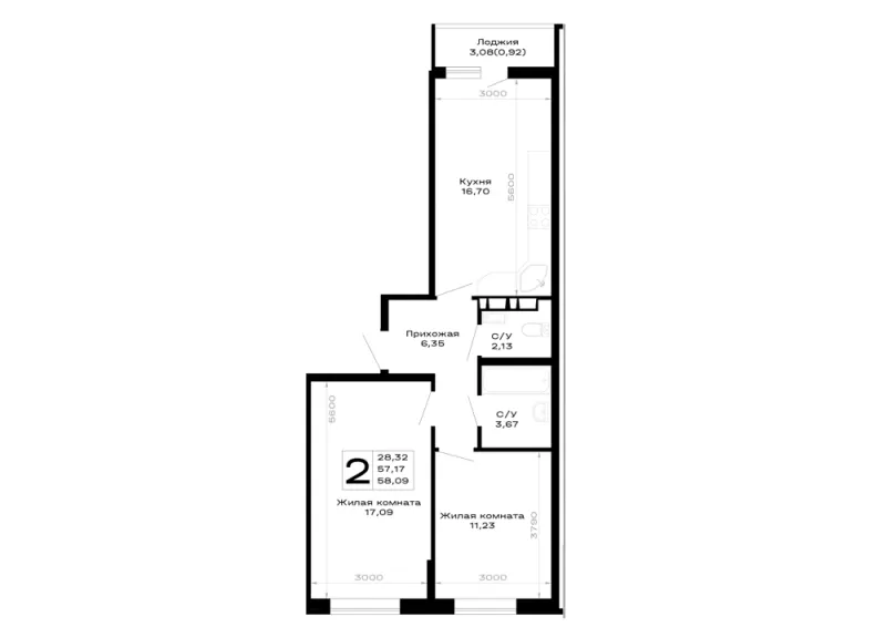 2-комн. 58.1 м²