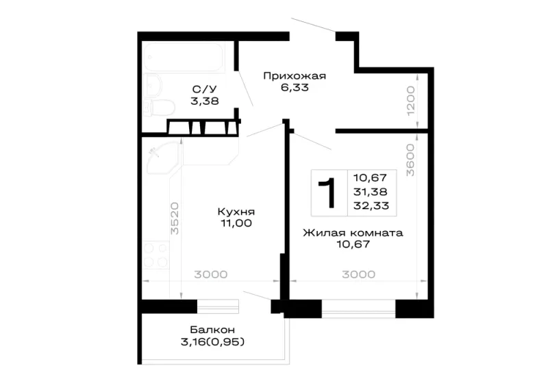 1-комн. 32.3 м²