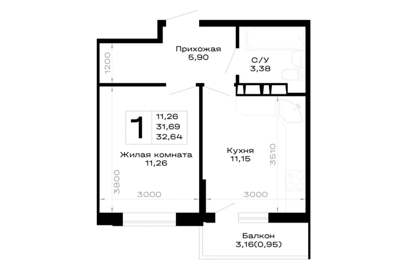 1-комн. 32.6 м²