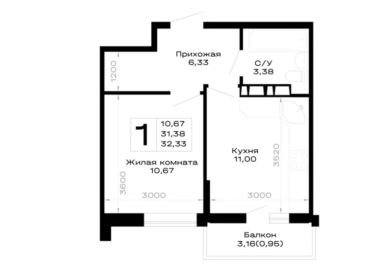 1-комн. 32.3 м²