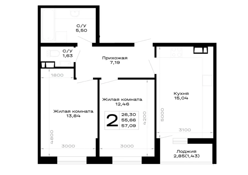 2-комн. 57.1 м²