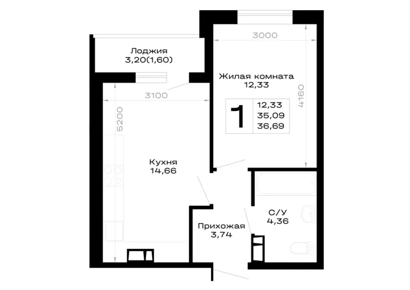 1-комн. 36.7 м²