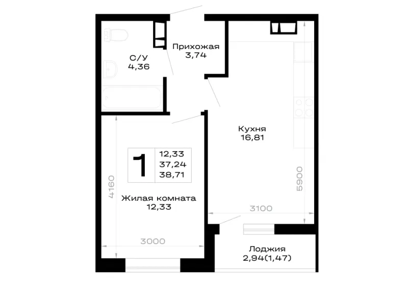 1-комн. 38.7 м²