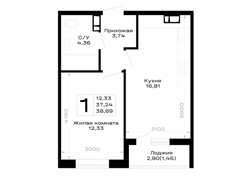 1-комн. 38.7 м²