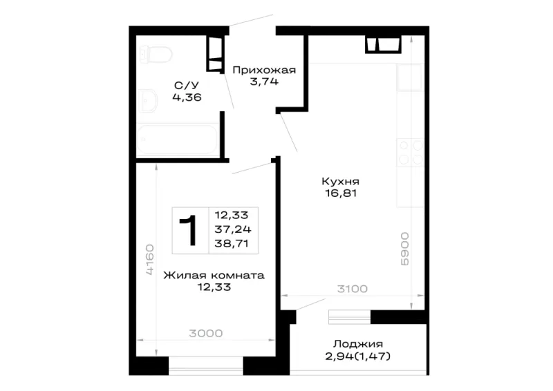 1-комн. 38.7 м²