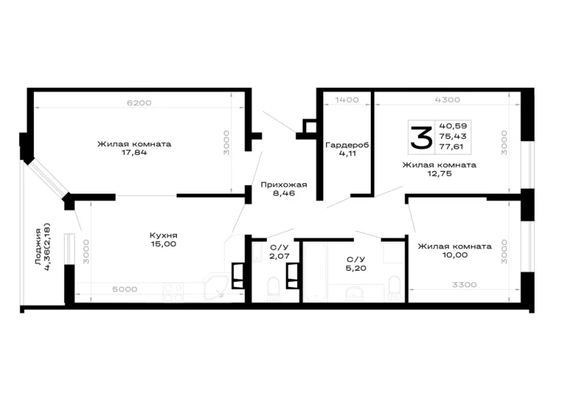 3-комн. 77.6 м²
