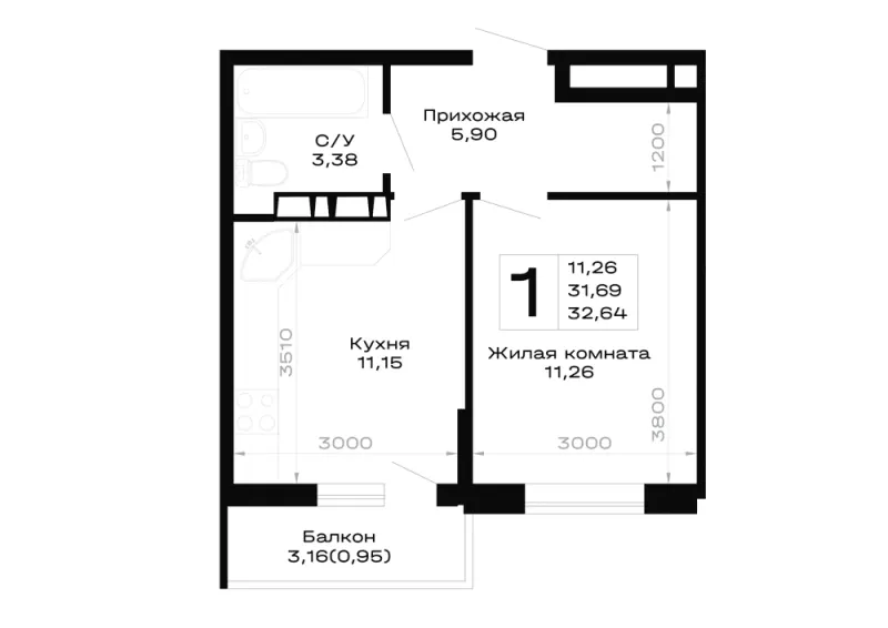 1-комн. 32.6 м²