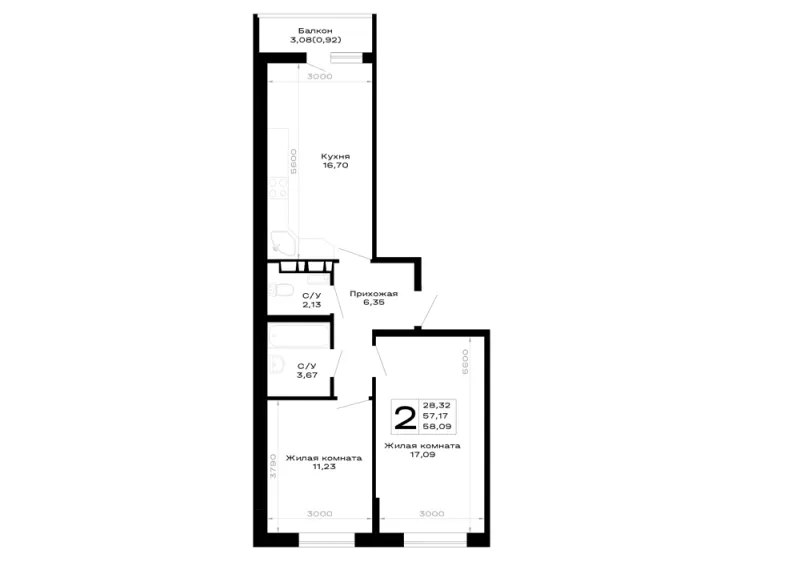 2-комн. 58.1 м²