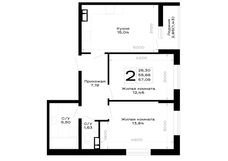 2-комн. 57.1 м²