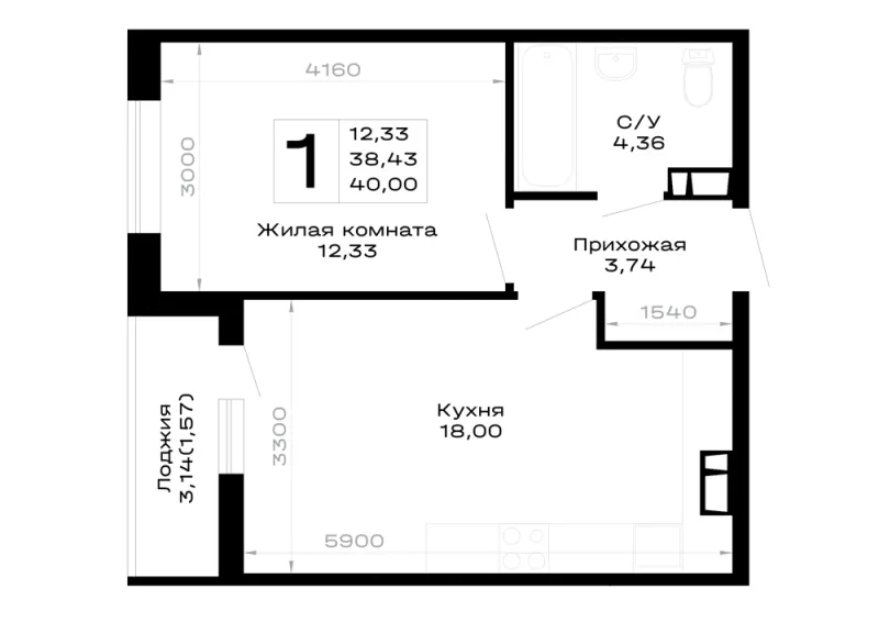 1-комн. 40 м²