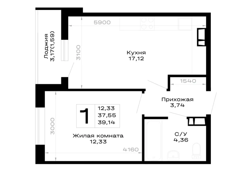 1-комн. 39.1 м²