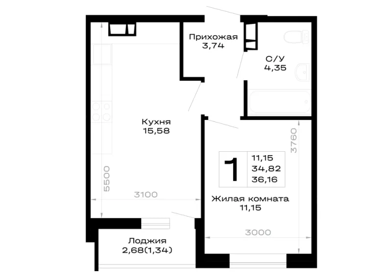 1-комн. 36.2 м²