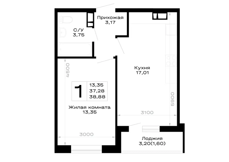 1-комн. 38.9 м²