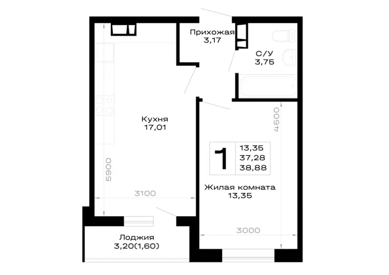 1-комн. 38.9 м²