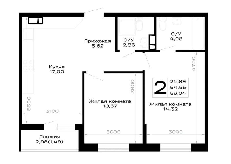 2-комн. 56 м²