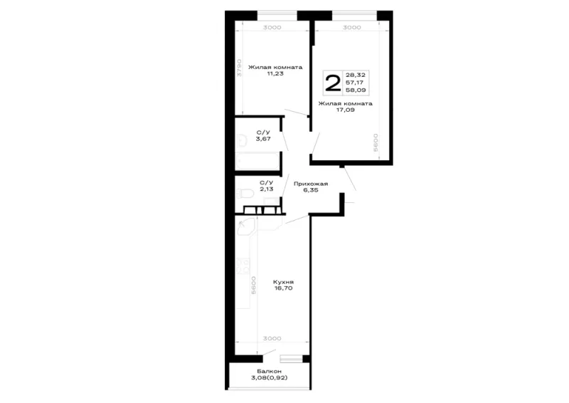 2-комн. 58.1 м²