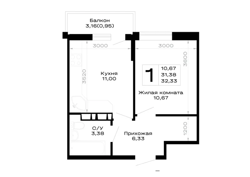 1-комн. 32.3 м²