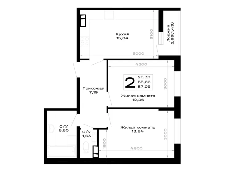 2-комн. 57.1 м²