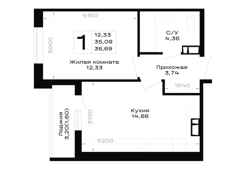 1-комн. 36.7 м²