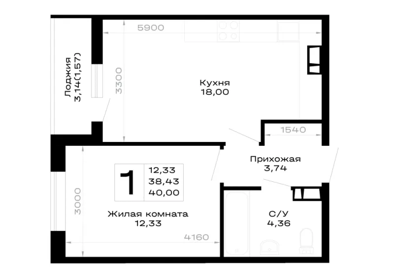 1-комн. 40 м²