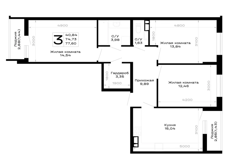 3-комн. 77.6 м²
