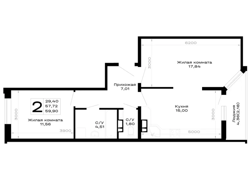 2-комн. 59.9 м²