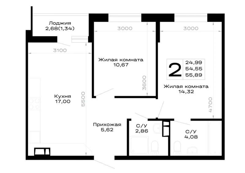 2-комн. 55.9 м²