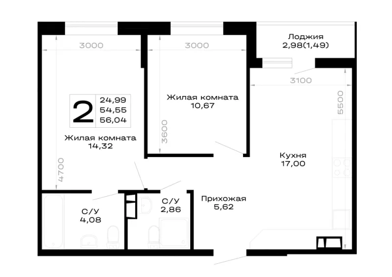 2-комн. 56 м²