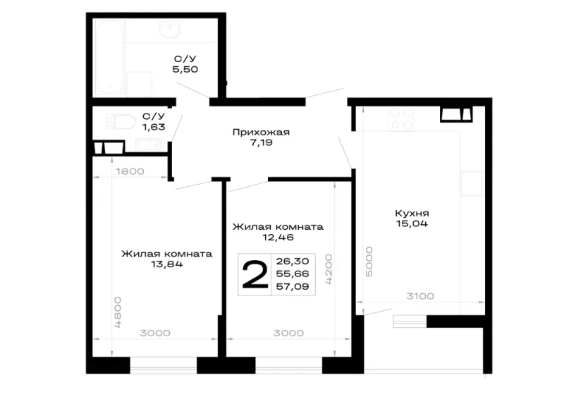 2-комн. 57.1 м²