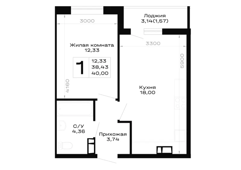 1-комн. 40 м²