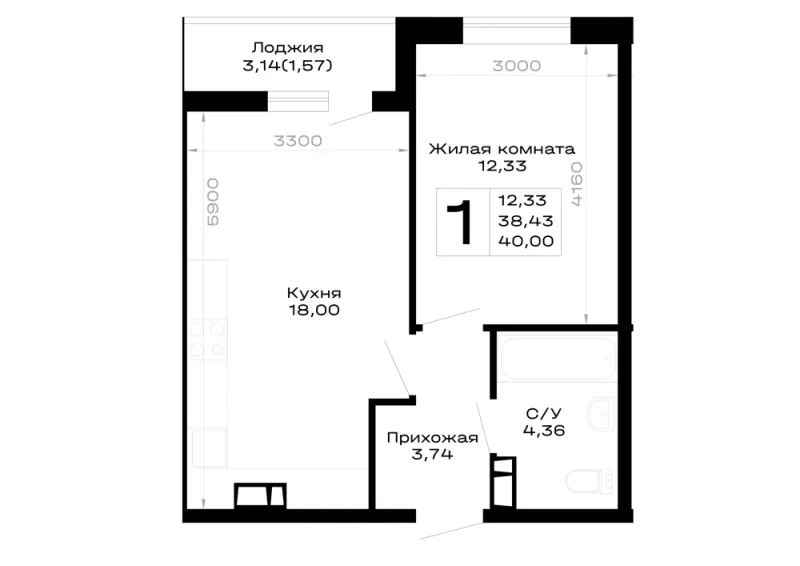 1-комн. 40 м²