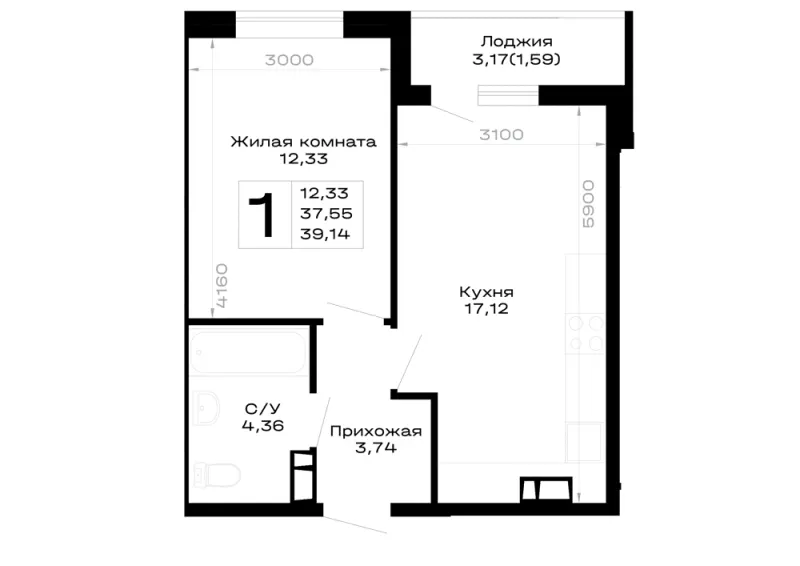 1-комн. 39.1 м²