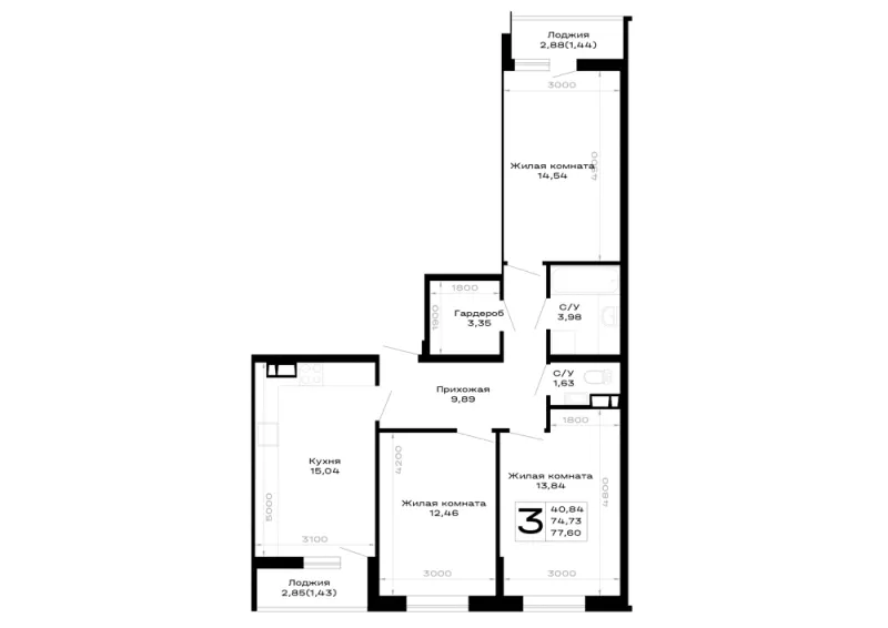 3-комн. 77.6 м²