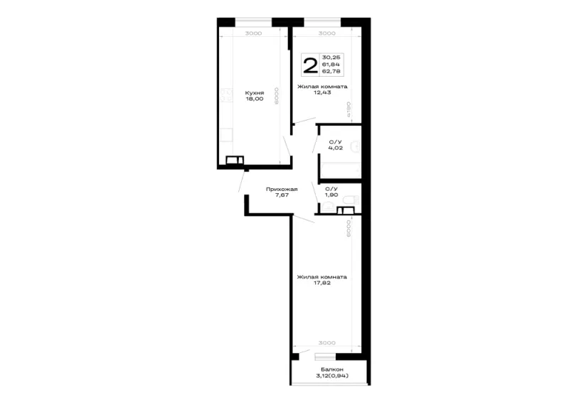 2-комн. 62.8 м²