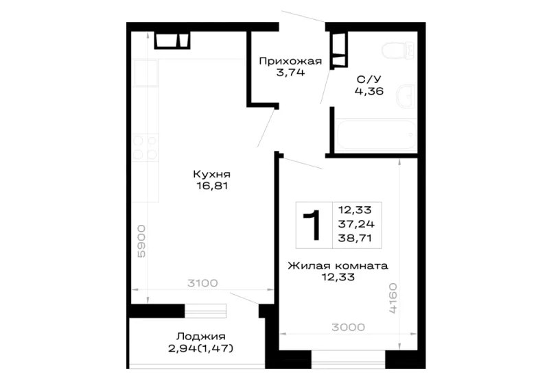 1-комн. 38.7 м²