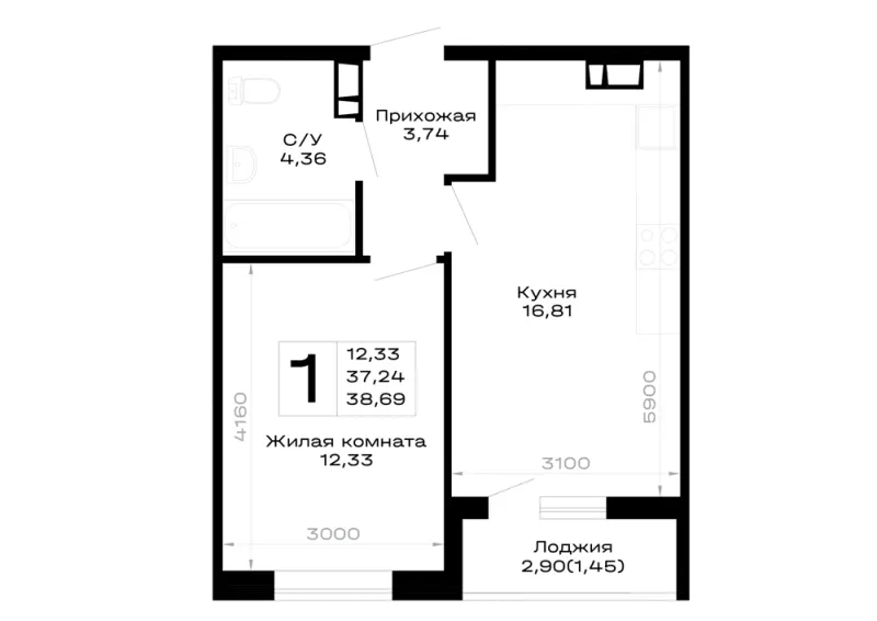 1-комн. 38.7 м²