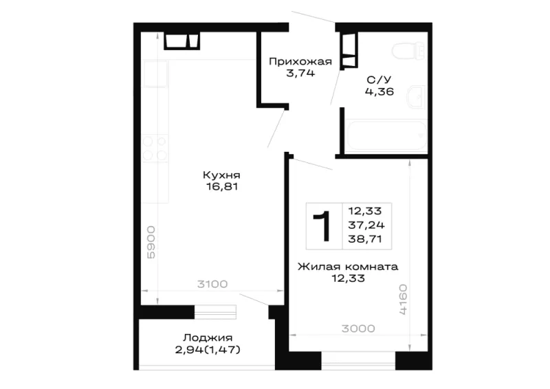 1-комн. 38.7 м²