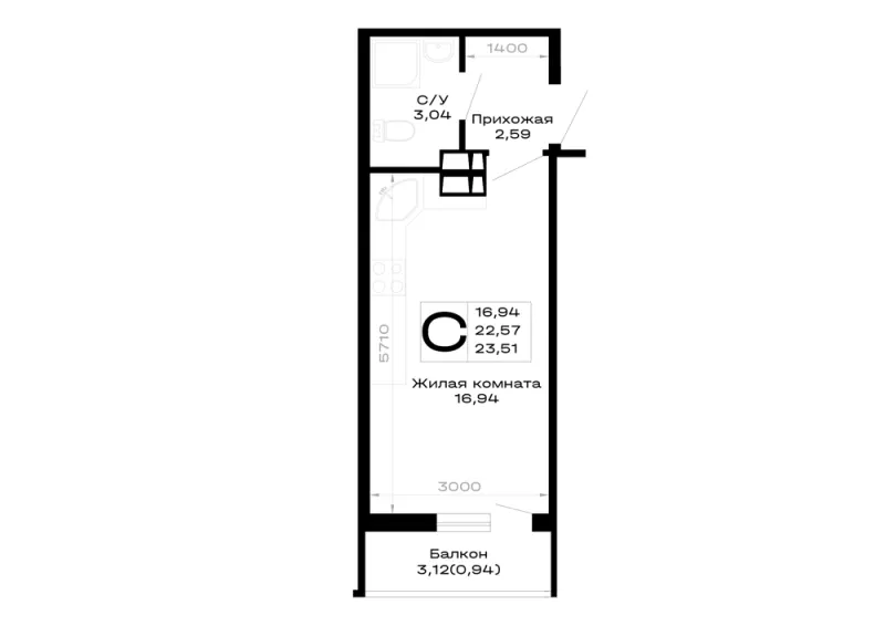 Студия 23.5 м²