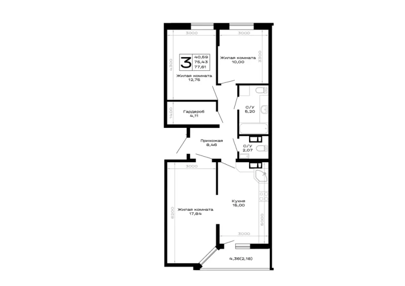 3-комн. 77.6 м²