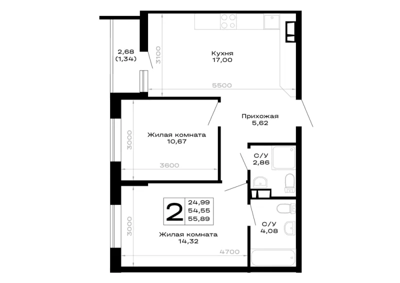 2-комн. 55.9 м²