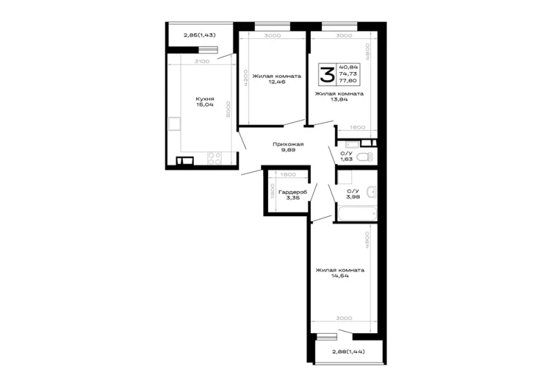 3-комн. 77.6 м²