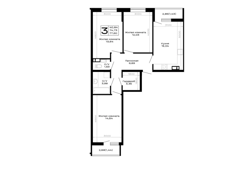 3-комн. 77.6 м²