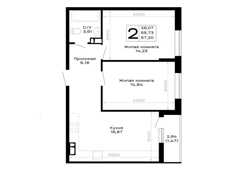 2-комн. 57.2 м²