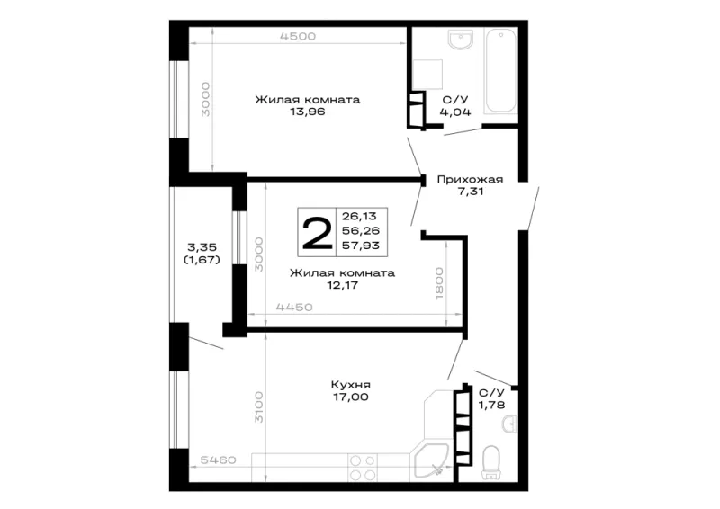 2-комн. 57.9 м²