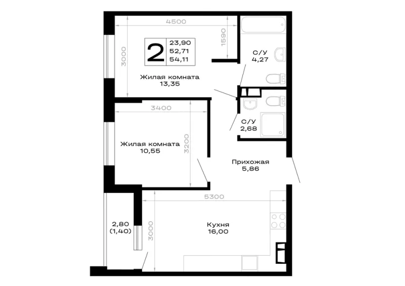 2-комн. 54.1 м²